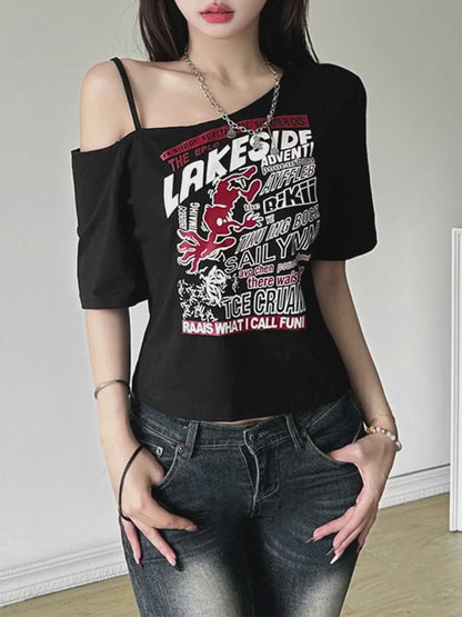 Y2K Off-Shoulder Gothic Crop Tee – Women’s Punk-Inspired Letter Print T-Shirt, Harajuku Aesthetic Grunge Streetwear, Slim Fit Summer Top