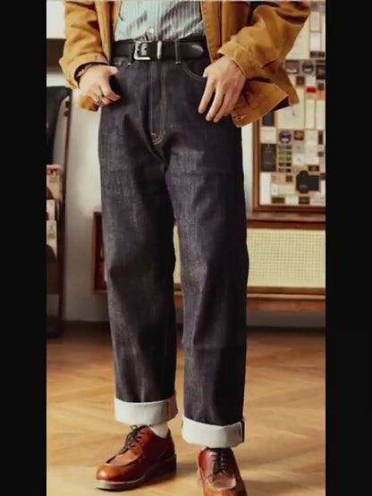 Men’s Relaxed Straight Raw Selvedge Denim Jeans – “Red Tornado” Style