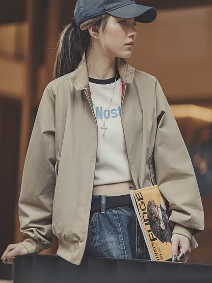 Maden Vintage Stand-Up Collar Jacket – Workwear Baseball Style Coat for Women &amp; Unisex, Spring/Autumn