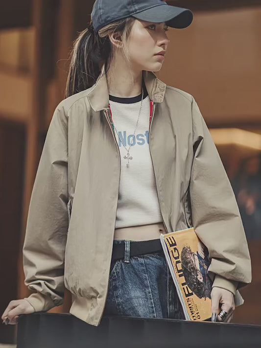 Maden Vintage Stand-Up Collar Jacket – Workwear Baseball Style Coat for Women &amp; Unisex, Spring/Autumn